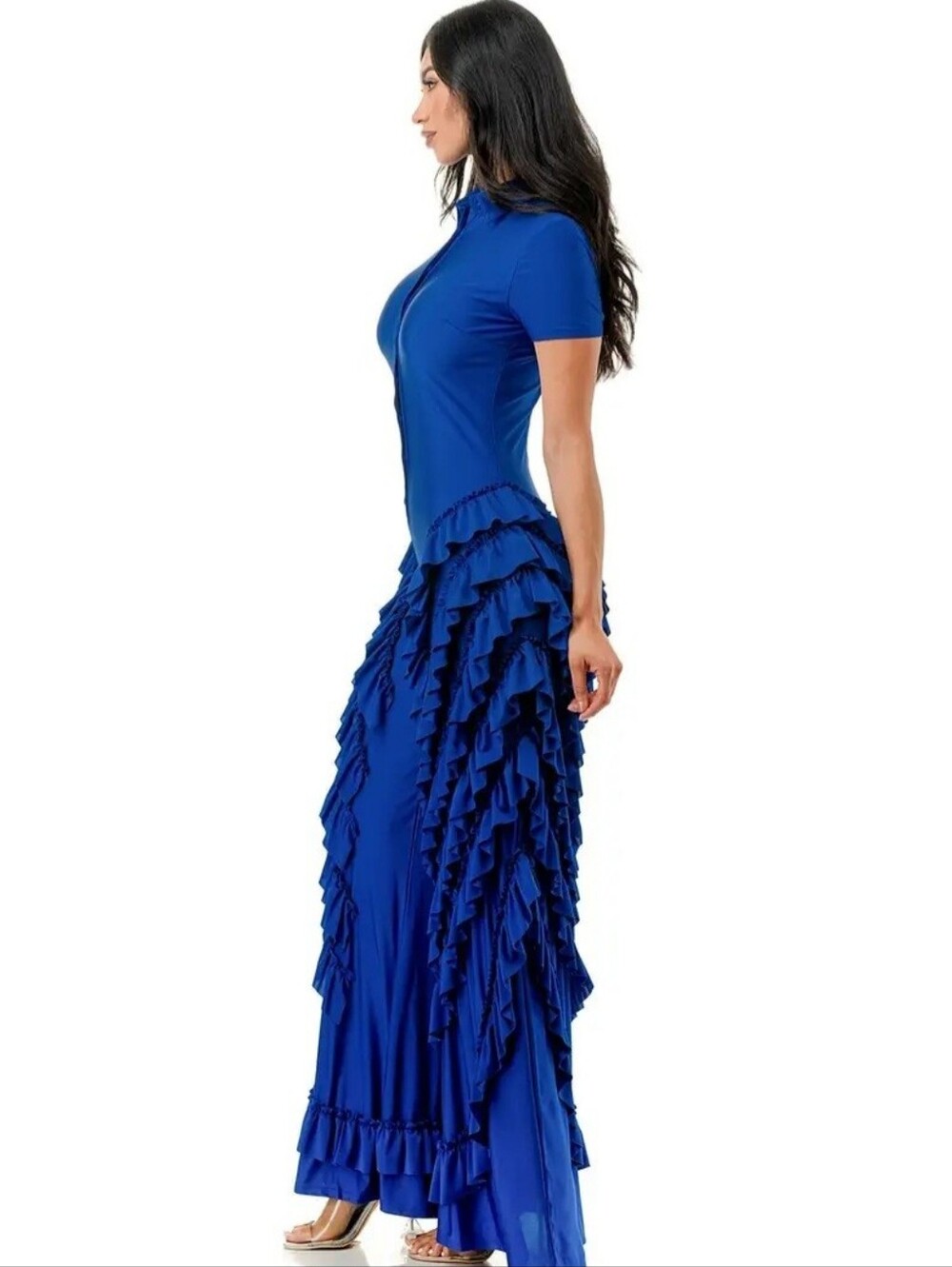 Blue Ruffle Short-Sleeve Jumpsuit
